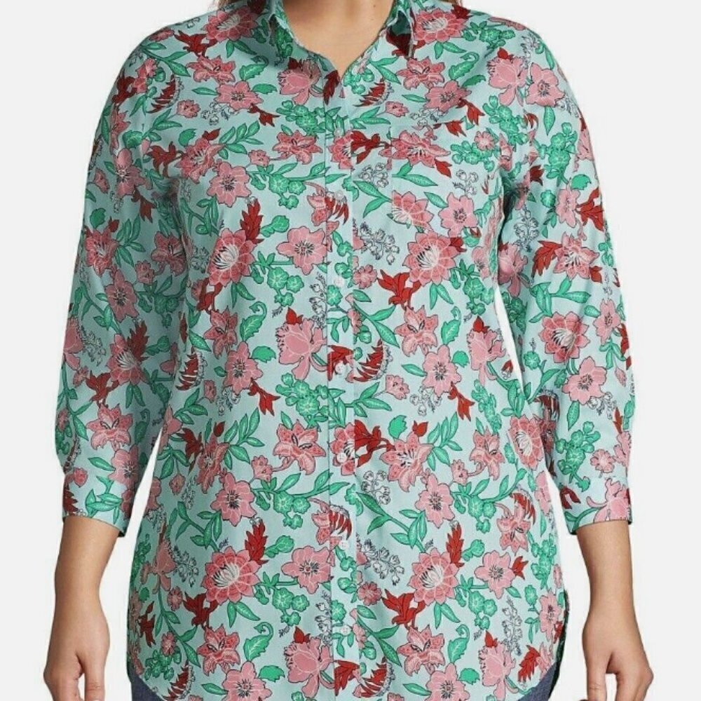 LANDS END Supima NO IRON Cotton Floral Button Shirt Aqua Pink 3/4 Sleeve 14 NWOT